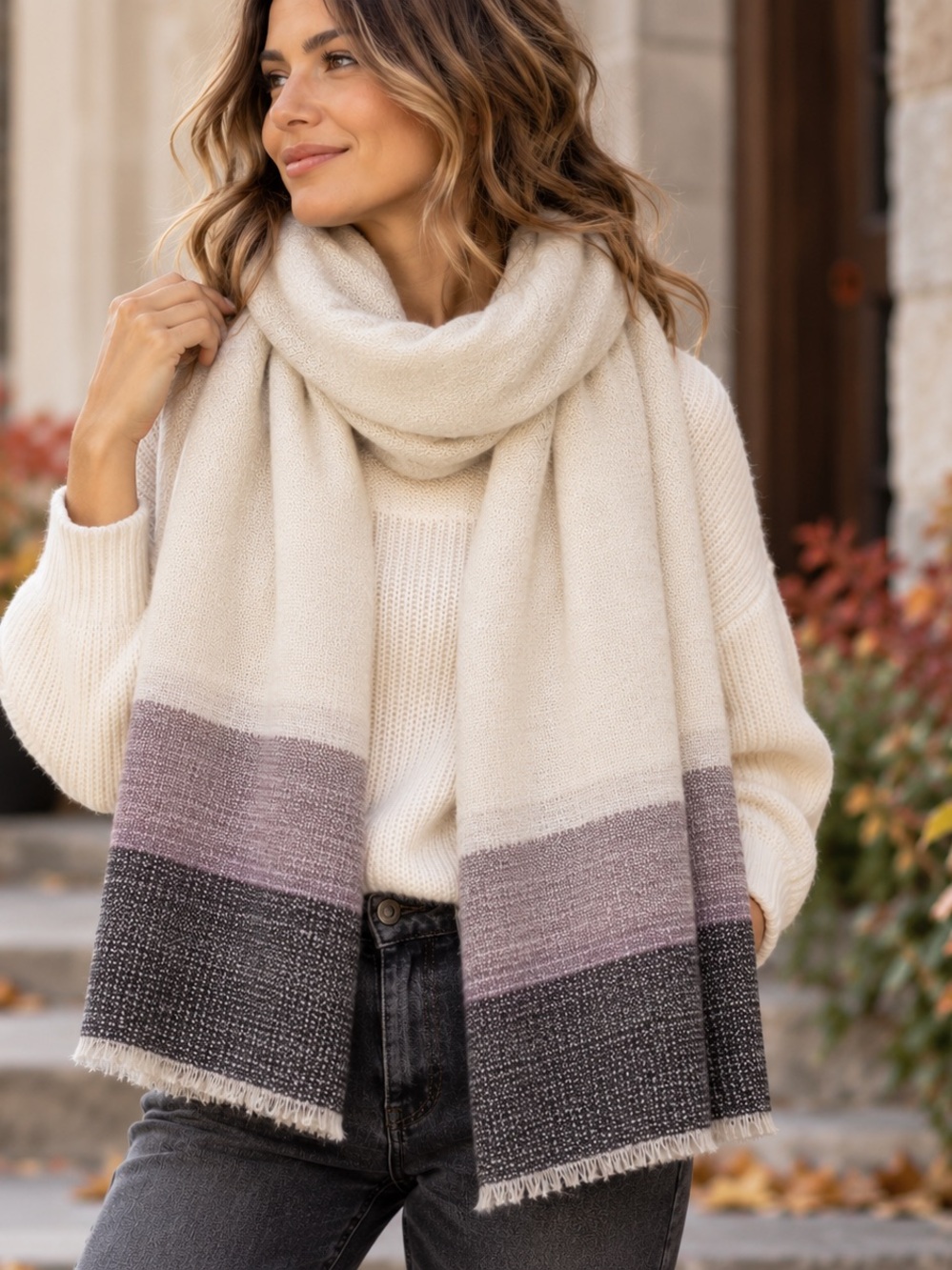Old Navy Oversized Blanket Scarf Cream Mauve Colorblock
